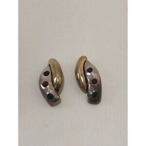 Vintage Clip On Earrings Sterling Colored Gemstones Two Tone Costume Jewelry